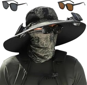 2025 New Solar Powered Fan hat, Wide Brim Solar Fan Hat USB Charging, for Men Fishing Camping UPF 50 