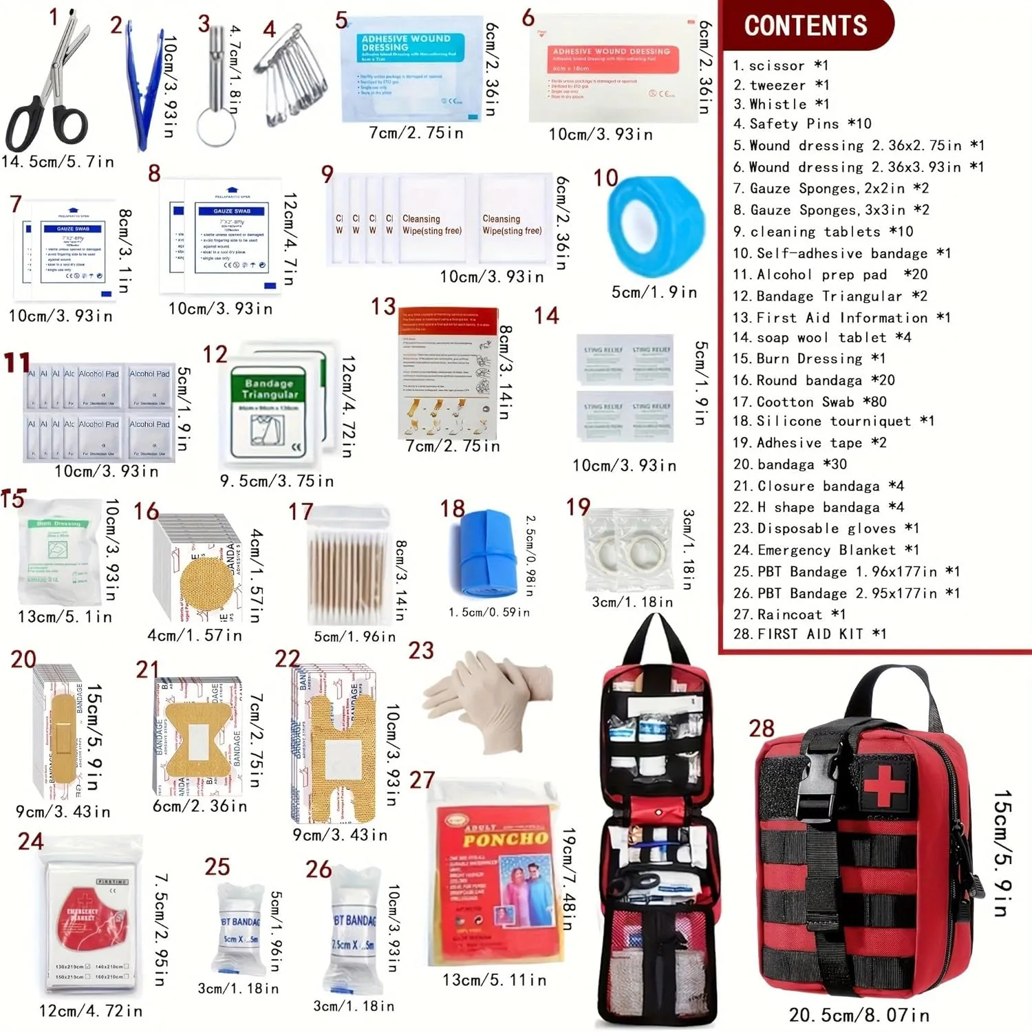 205 Pieces/Set, Universal First Aid Kit Suitable for Outdoor Activities, Home, School, Hiking, Car Travel and Camping - Quick Response First Aid Essentials (excluding Medication) (Red)