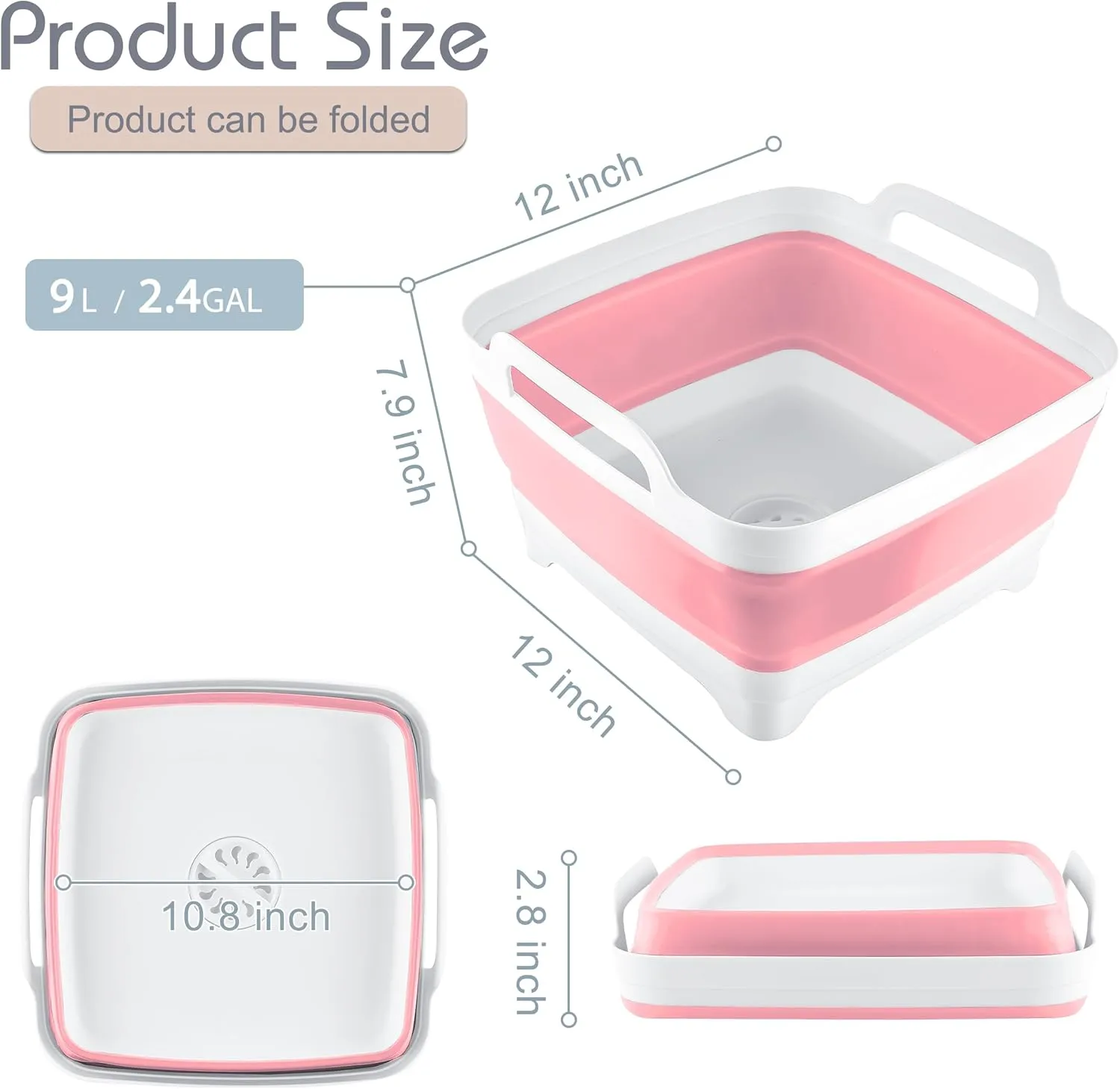 2.4 Gal(9L) Collapsible Dish Basin with Drain Plug, Space Saving Outdoor Multiuse Foldable Sink Tub, Dishpan, Kitchen Storage Tray for Camping, Vegetable Washing, RV (Pink)