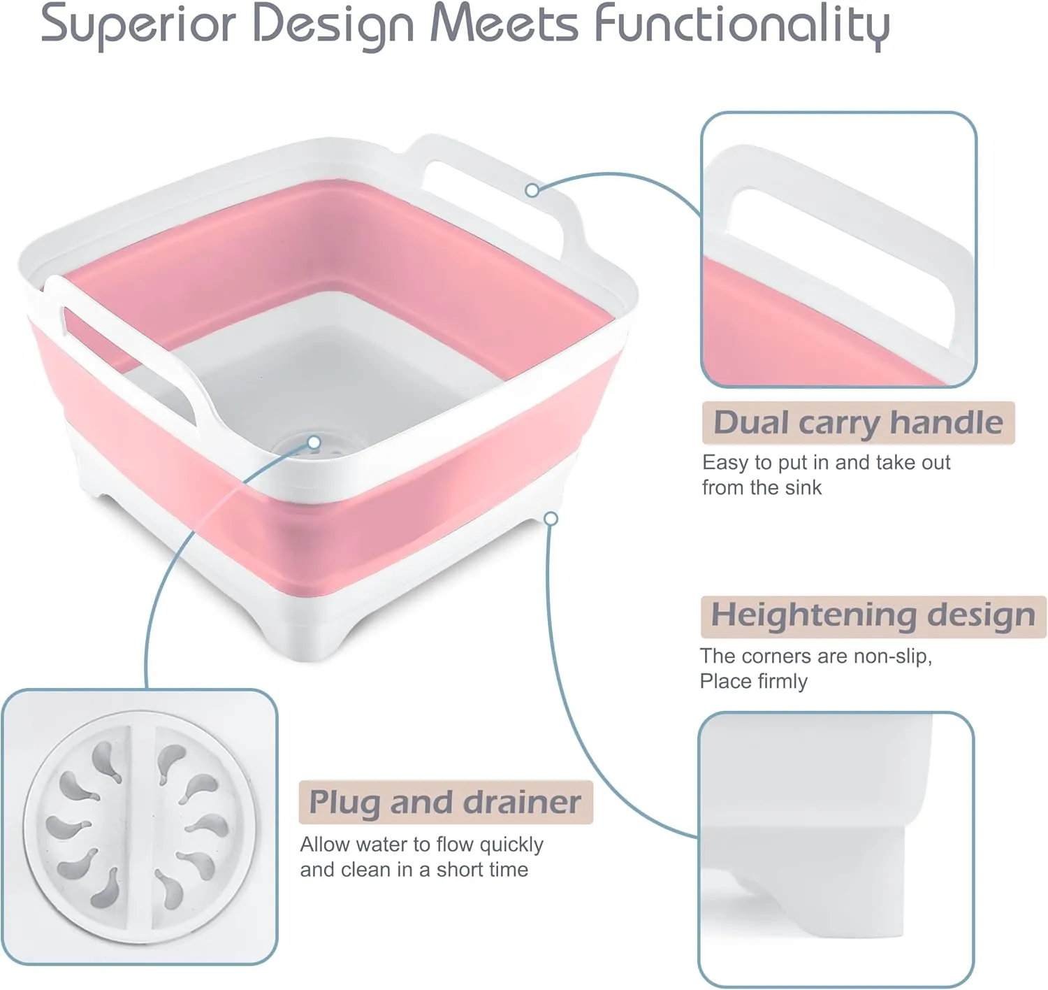 2.4 Gal(9L) Collapsible Dish Basin with Drain Plug, Space Saving Outdoor Multiuse Foldable Sink Tub, Dishpan, Kitchen Storage Tray for Camping, Vegetable Washing, RV (Pink)