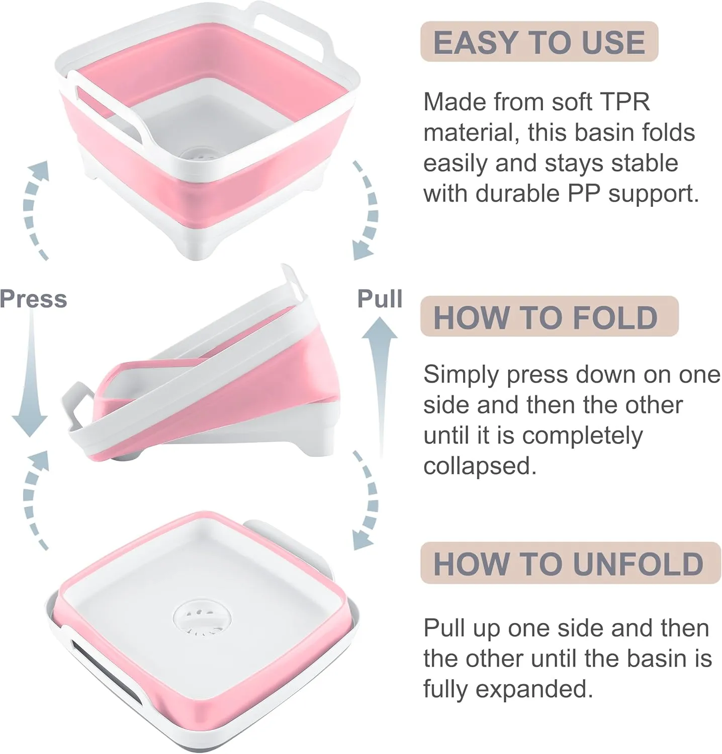 2.4 Gal(9L) Collapsible Dish Basin with Drain Plug, Space Saving Outdoor Multiuse Foldable Sink Tub, Dishpan, Kitchen Storage Tray for Camping, Vegetable Washing, RV (Pink)