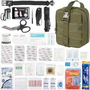 246 Pieces Survival First Aid Kit with Molle System for Hunting Hiking Camping Boat Home Car Earthquake and Adventures, Army Green