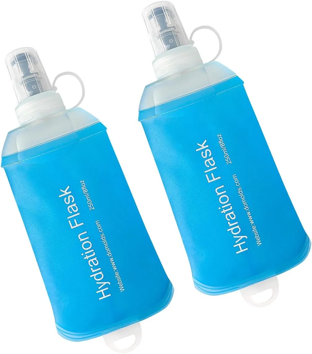 250ml Soft Flask, TPU Collapsible Soft Water Bottle for Hydration Pack, Running Vest, Folding Water Bottle for Hiking Cycling Climbing-2Pcs, Blue