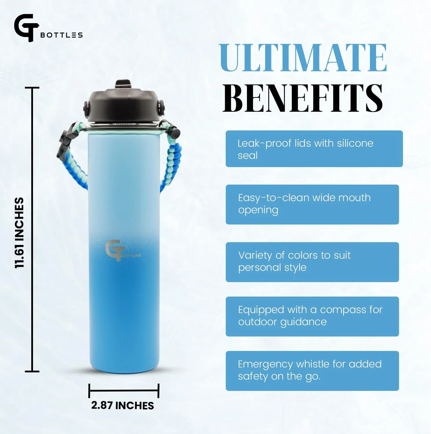 25oz Stainless Steel Vacuum Insulated Wide Mouth Water Bottle with 3 Lids and Paracord Handle for Hot & Cold Beverage (Light Blue/Blue, 25oz)