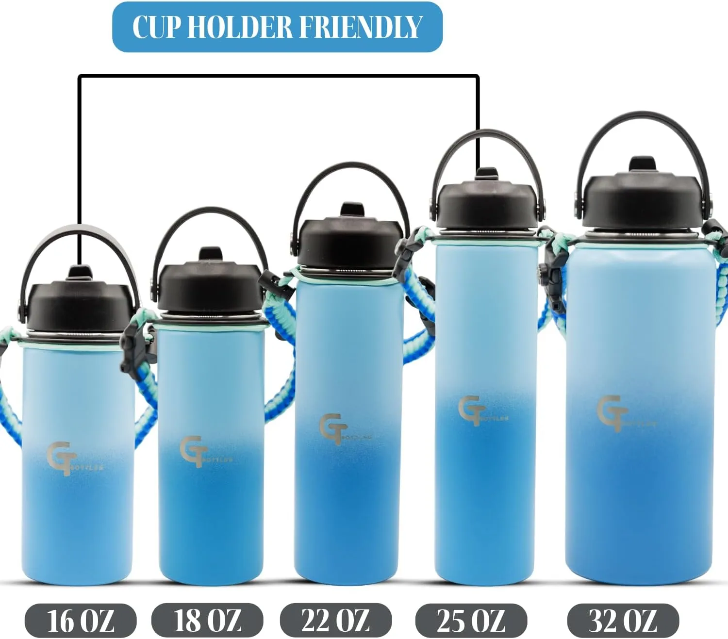25oz Stainless Steel Vacuum Insulated Wide Mouth Water Bottle with 3 Lids and Paracord Handle for Hot & Cold Beverage (Light Blue/Blue, 25oz)