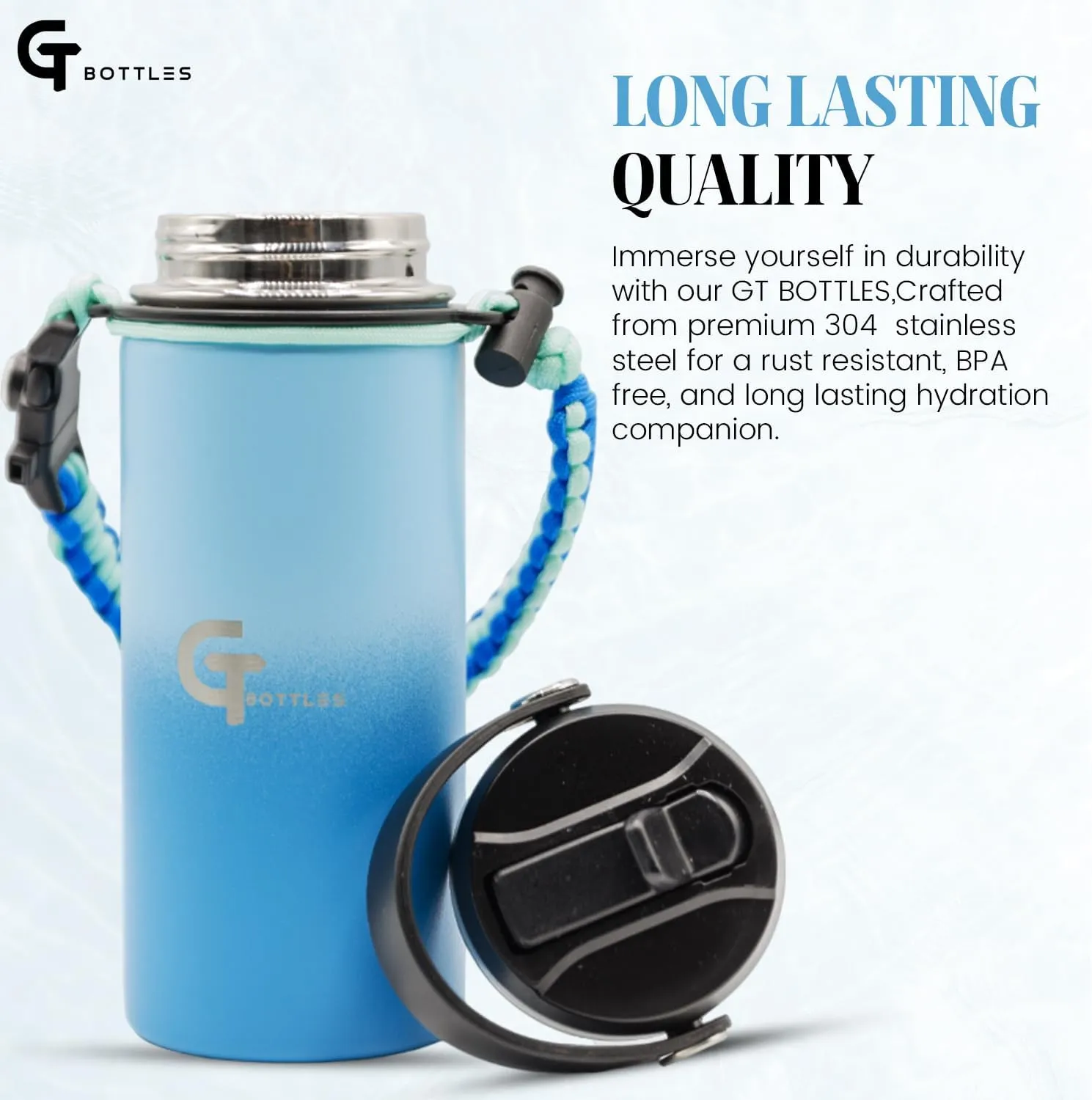 25oz Stainless Steel Vacuum Insulated Wide Mouth Water Bottle with 3 Lids and Paracord Handle for Hot & Cold Beverage (Light Blue/Blue, 25oz)