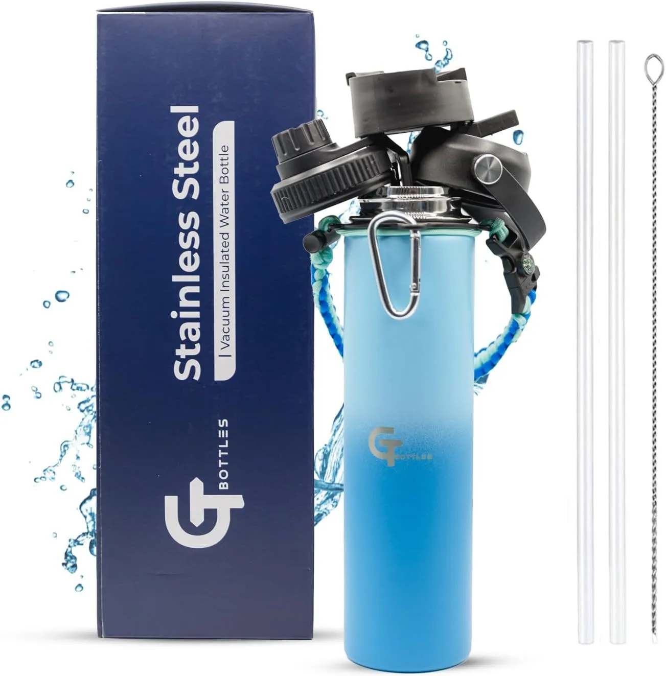 25oz Stainless Steel Vacuum Insulated Wide Mouth Water Bottle with 3 Lids and Paracord Handle for Hot & Cold Beverage (Light Blue/Blue, 25oz)