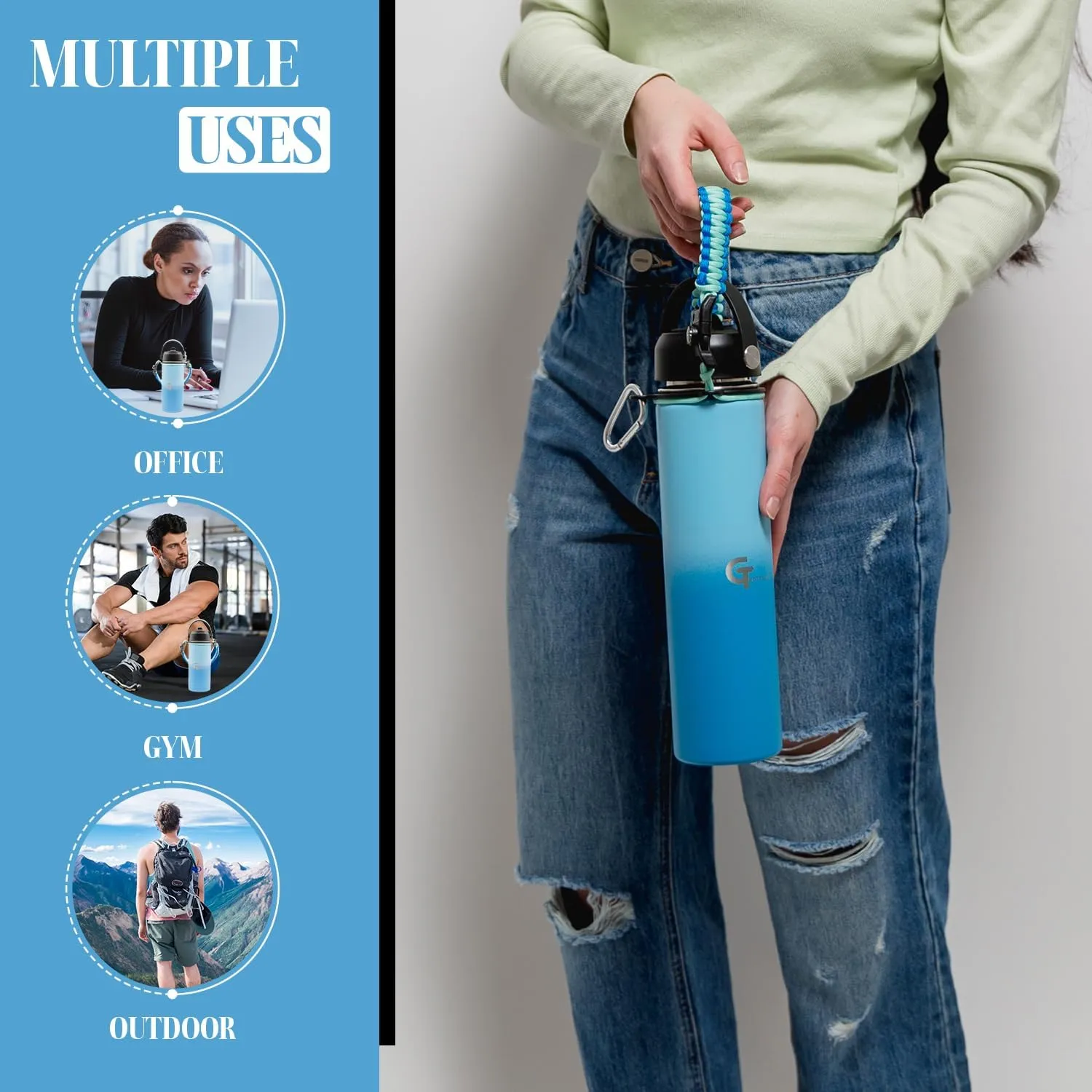 25oz Stainless Steel Vacuum Insulated Wide Mouth Water Bottle with 3 Lids and Paracord Handle for Hot & Cold Beverage (Light Blue/Blue, 25oz)