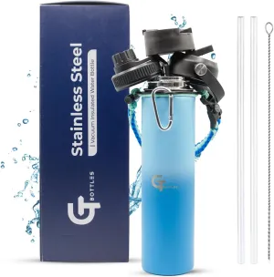 25oz Stainless Steel Vacuum Insulated Wide Mouth Water Bottle with 3 Lids and Paracord Handle for Hot & Cold Beverage (Light Blue/Blue, 25oz)