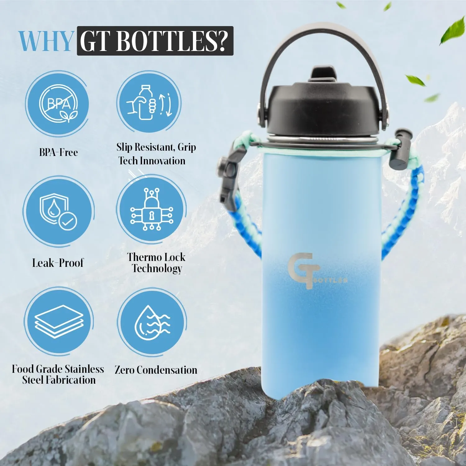 25oz Stainless Steel Vacuum Insulated Wide Mouth Water Bottle with 3 Lids and Paracord Handle for Hot & Cold Beverage (Light Blue/Blue, 25oz)