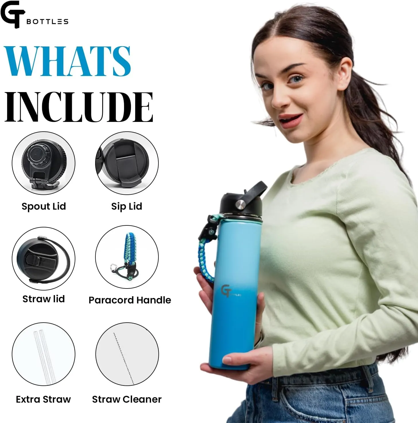 25oz Stainless Steel Vacuum Insulated Wide Mouth Water Bottle with 3 Lids and Paracord Handle for Hot & Cold Beverage (Light Blue/Blue, 25oz)
