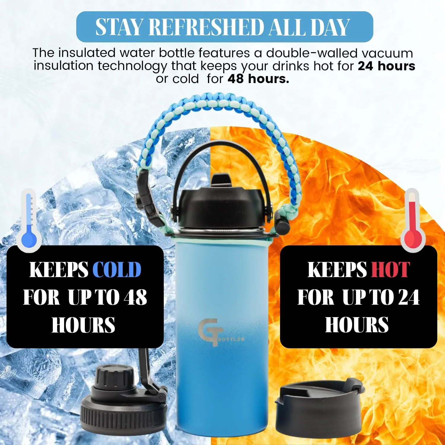 25oz Stainless Steel Vacuum Insulated Wide Mouth Water Bottle with 3 Lids and Paracord Handle for Hot & Cold Beverage (Light Blue/Blue, 25oz)