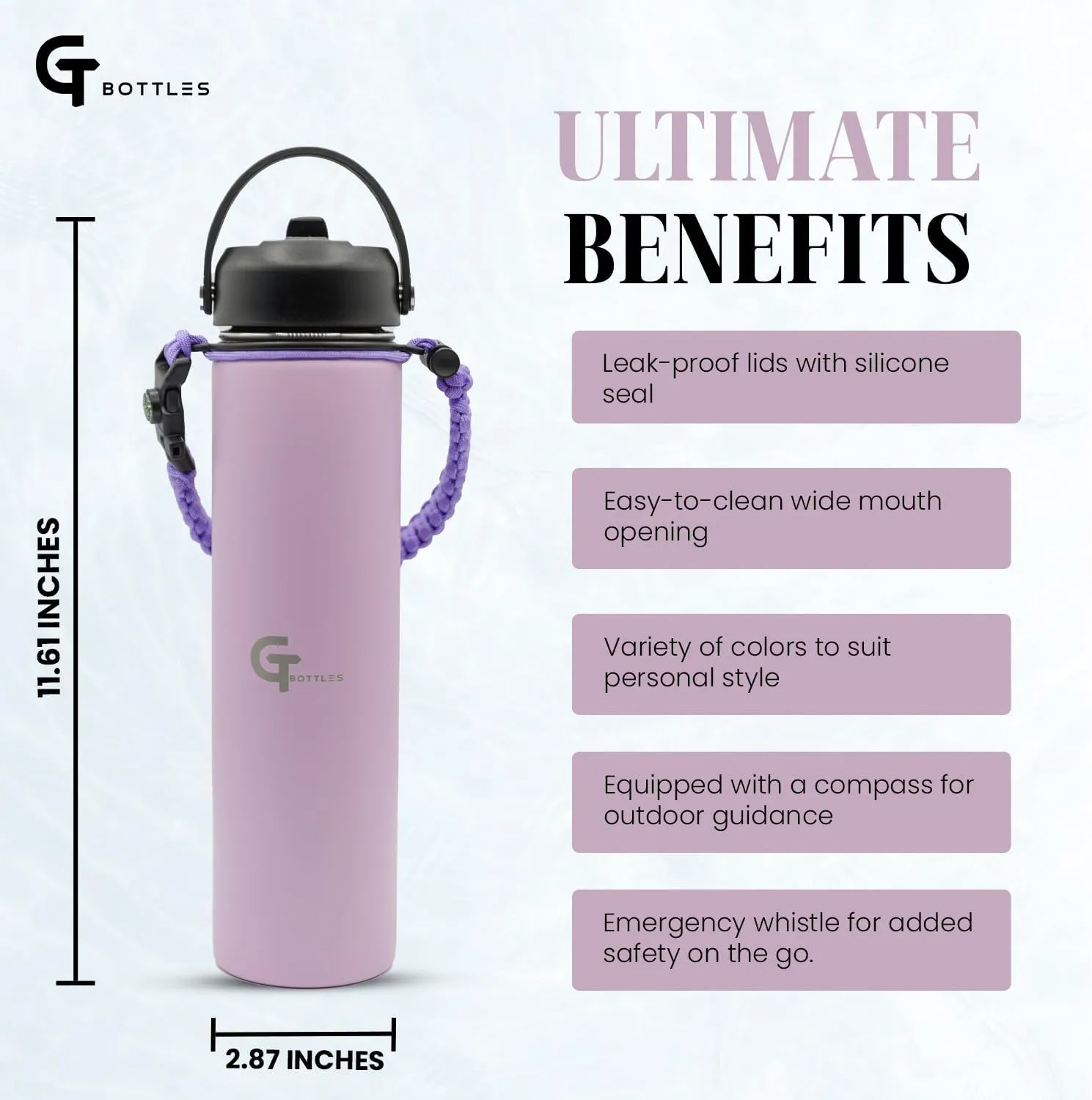 25oz Stainless Steel Vacuum Insulated Wide Mouth Water Bottle with 3 Lids and Paracord Handle for Hot & Cold Beverage (Light Purple, 25oz)