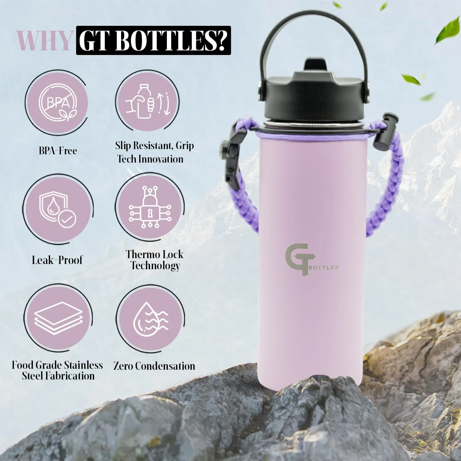 25oz Stainless Steel Vacuum Insulated Wide Mouth Water Bottle with 3 Lids and Paracord Handle for Hot & Cold Beverage (Light Purple, 25oz)