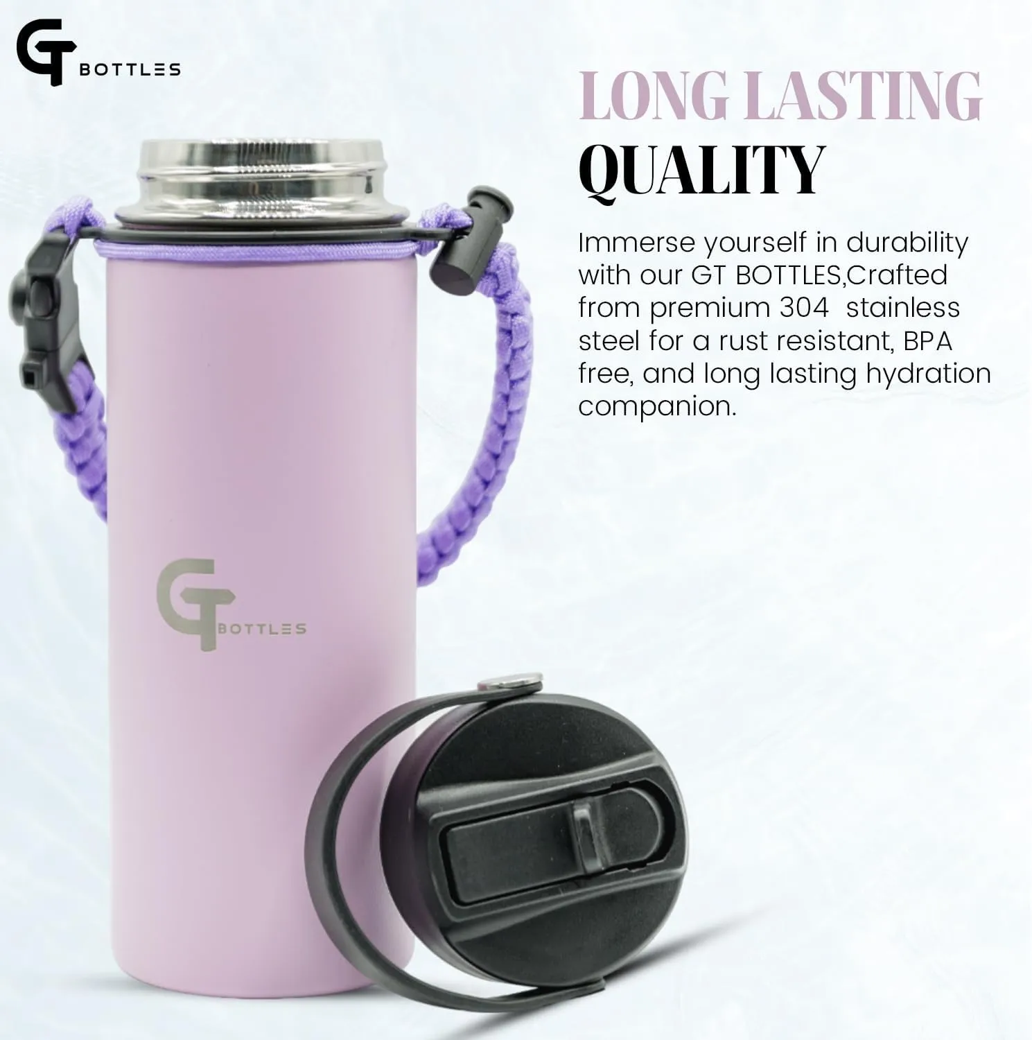 25oz Stainless Steel Vacuum Insulated Wide Mouth Water Bottle with 3 Lids and Paracord Handle for Hot & Cold Beverage (Light Purple, 25oz)