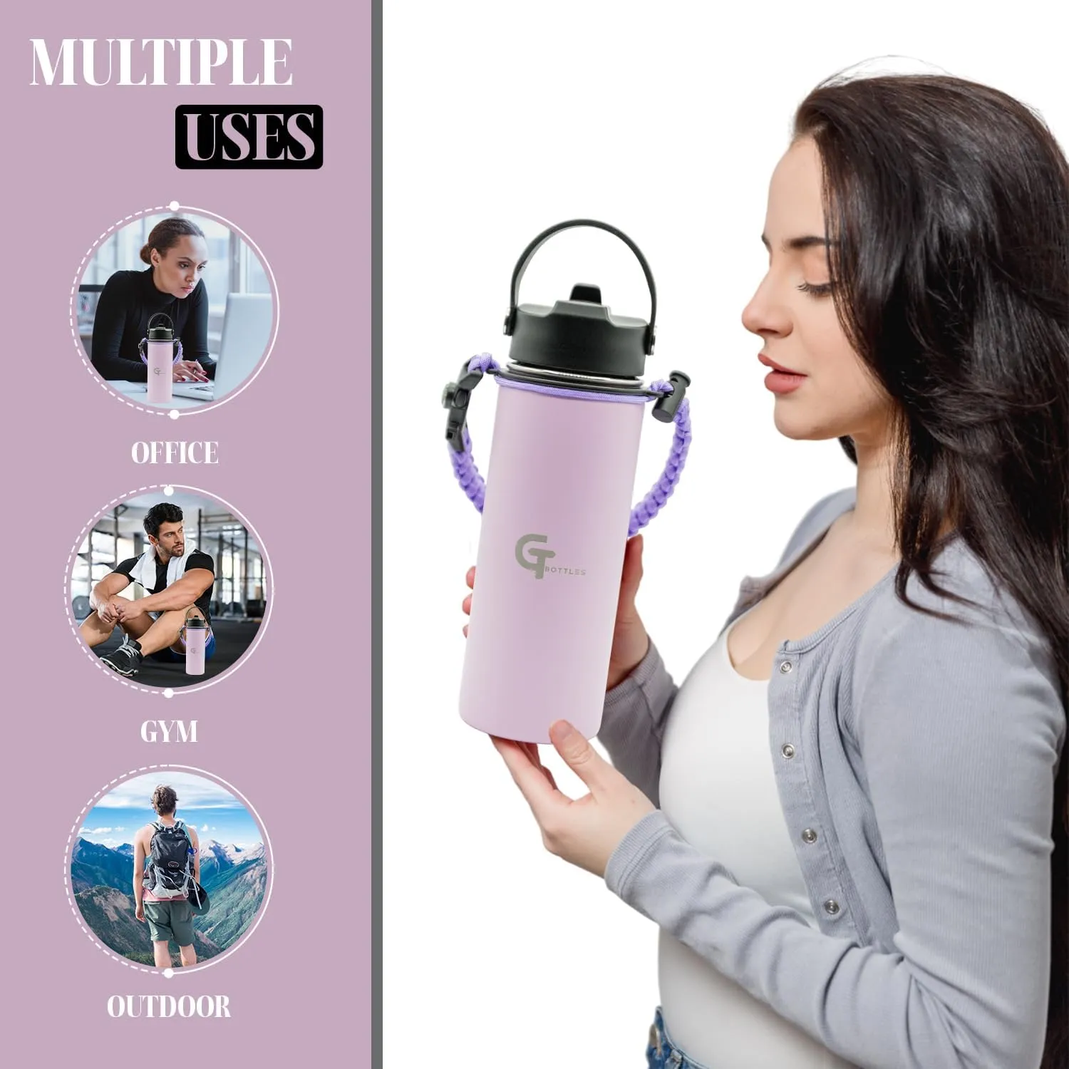25oz Stainless Steel Vacuum Insulated Wide Mouth Water Bottle with 3 Lids and Paracord Handle for Hot & Cold Beverage (Light Purple, 25oz)