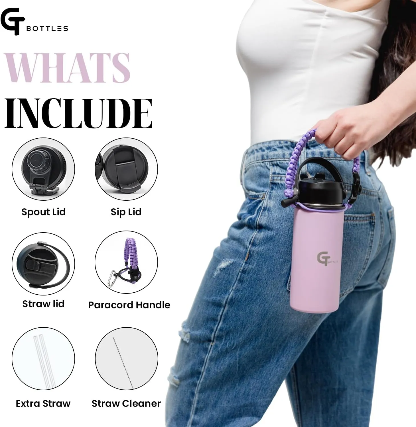 25oz Stainless Steel Vacuum Insulated Wide Mouth Water Bottle with 3 Lids and Paracord Handle for Hot & Cold Beverage (Light Purple, 25oz)