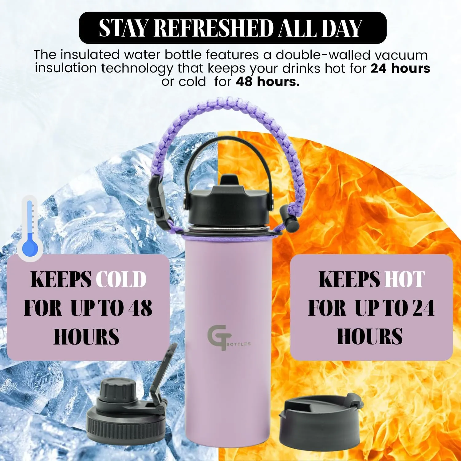 25oz Stainless Steel Vacuum Insulated Wide Mouth Water Bottle with 3 Lids and Paracord Handle for Hot & Cold Beverage (Light Purple, 25oz)