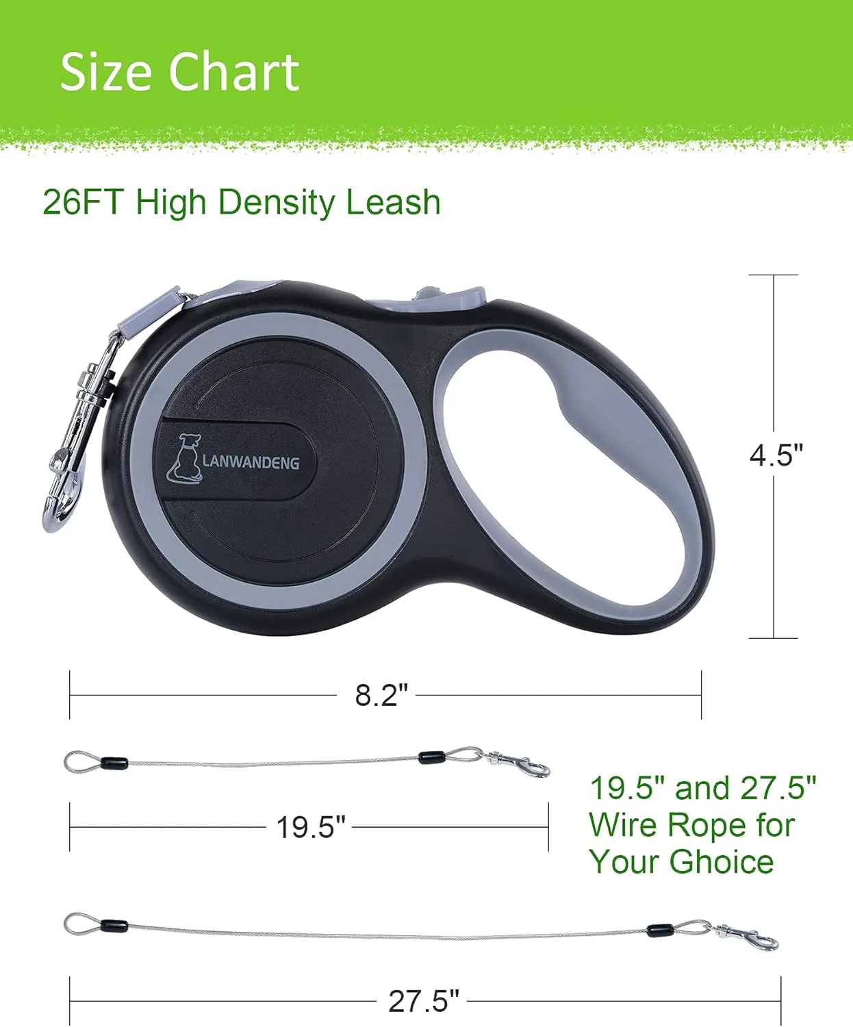 26FT Chew Proof Retractable Dog Leash with 2 Heavy Duty Anti-Chewing Wire Ropes, 360° Tangle-Free Dog Lead with Anti-Slip Handle for Medium/Large Dogs up to 110 lbs Gray