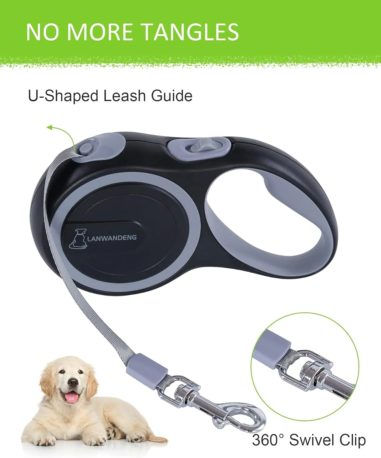 26FT Chew Proof Retractable Dog Leash with 2 Heavy Duty Anti-Chewing Wire Ropes, 360° Tangle-Free Dog Lead with Anti-Slip Handle for Medium/Large Dogs up to 110 lbs Gray