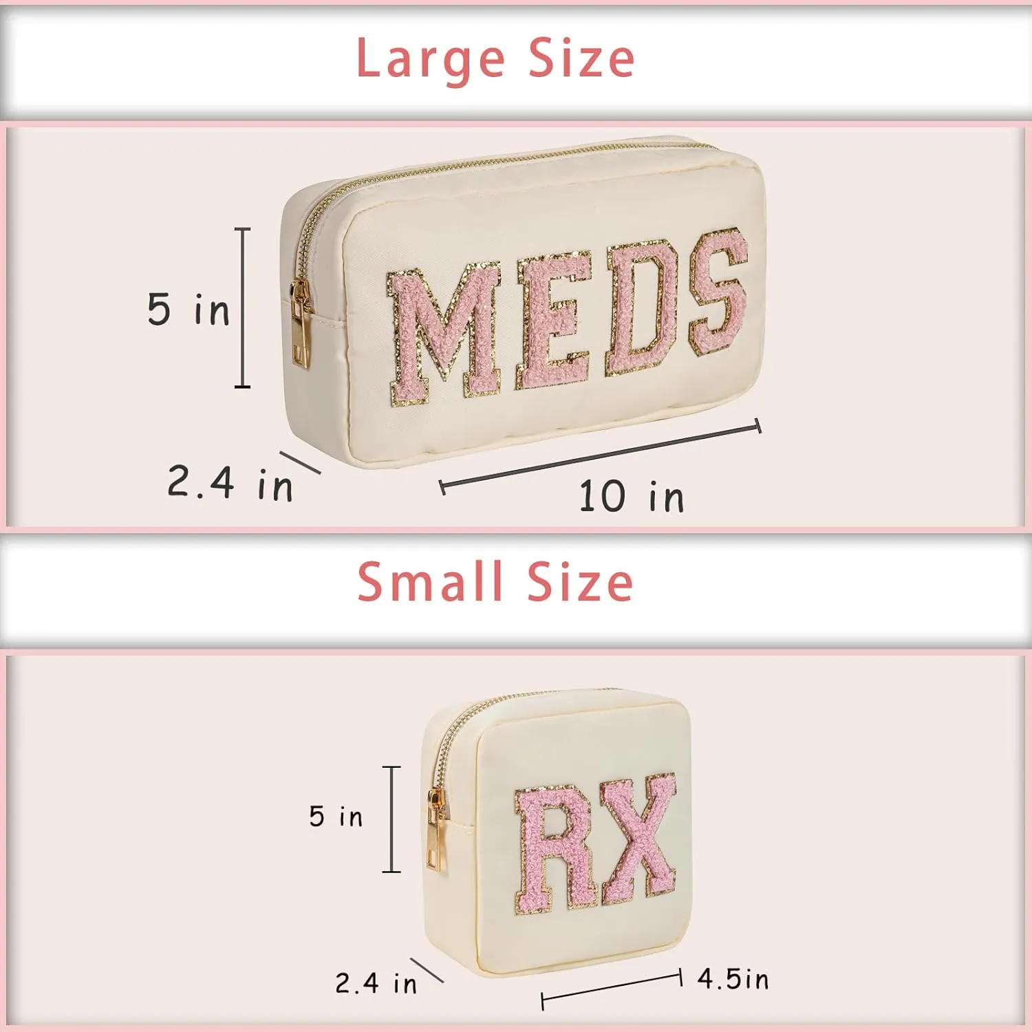 2Pcs Chenille Letter Patch Nylon Medicine Makeup Bag Set,Cute MEDS Travel Makeup Bag with Metal Zipper, First Aid Purse Organizer Cosmetic Bag for Women and Girls(Beige MEDS-RX)