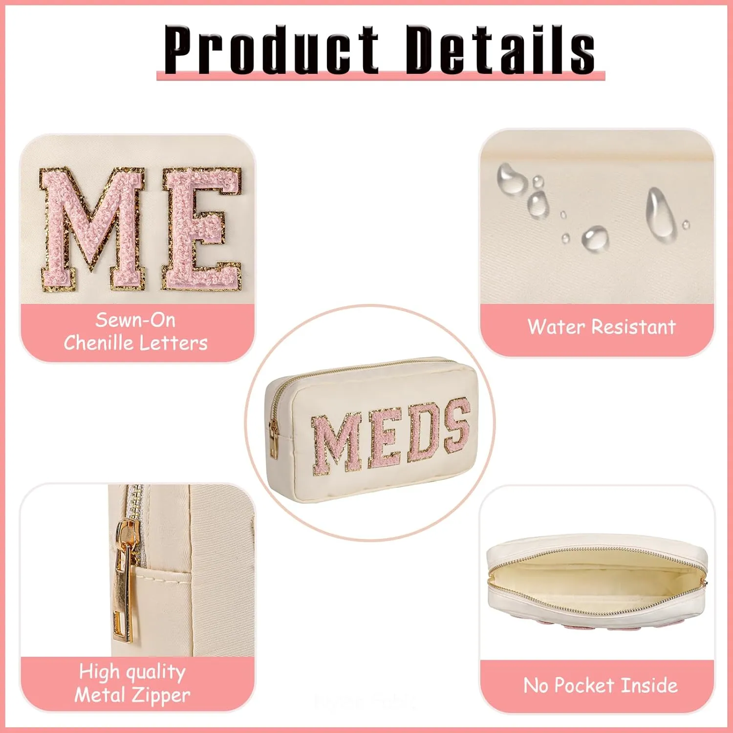2Pcs Chenille Letter Patch Nylon Medicine Makeup Bag Set,Cute MEDS Travel Makeup Bag with Metal Zipper, First Aid Purse Organizer Cosmetic Bag for Women and Girls(Beige MEDS-RX)