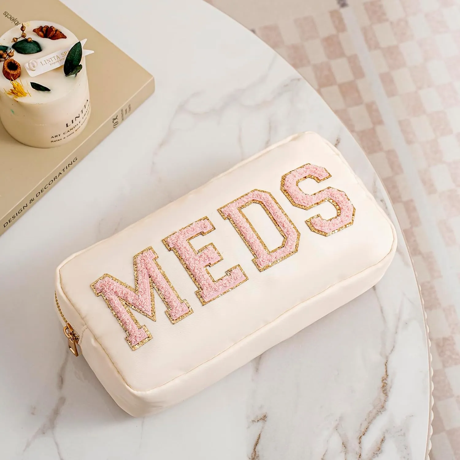 2Pcs Chenille Letter Patch Nylon Medicine Makeup Bag Set,Cute MEDS Travel Makeup Bag with Metal Zipper, First Aid Purse Organizer Cosmetic Bag for Women and Girls(Beige MEDS-RX)