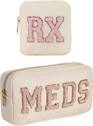 2Pcs Chenille Letter Patch Nylon Medicine Makeup Bag Set,Cute MEDS Travel Makeup Bag with Metal Zipper, First Aid Purse Organizer Cosmetic Bag for Women and Girls(Beige MEDS-RX)