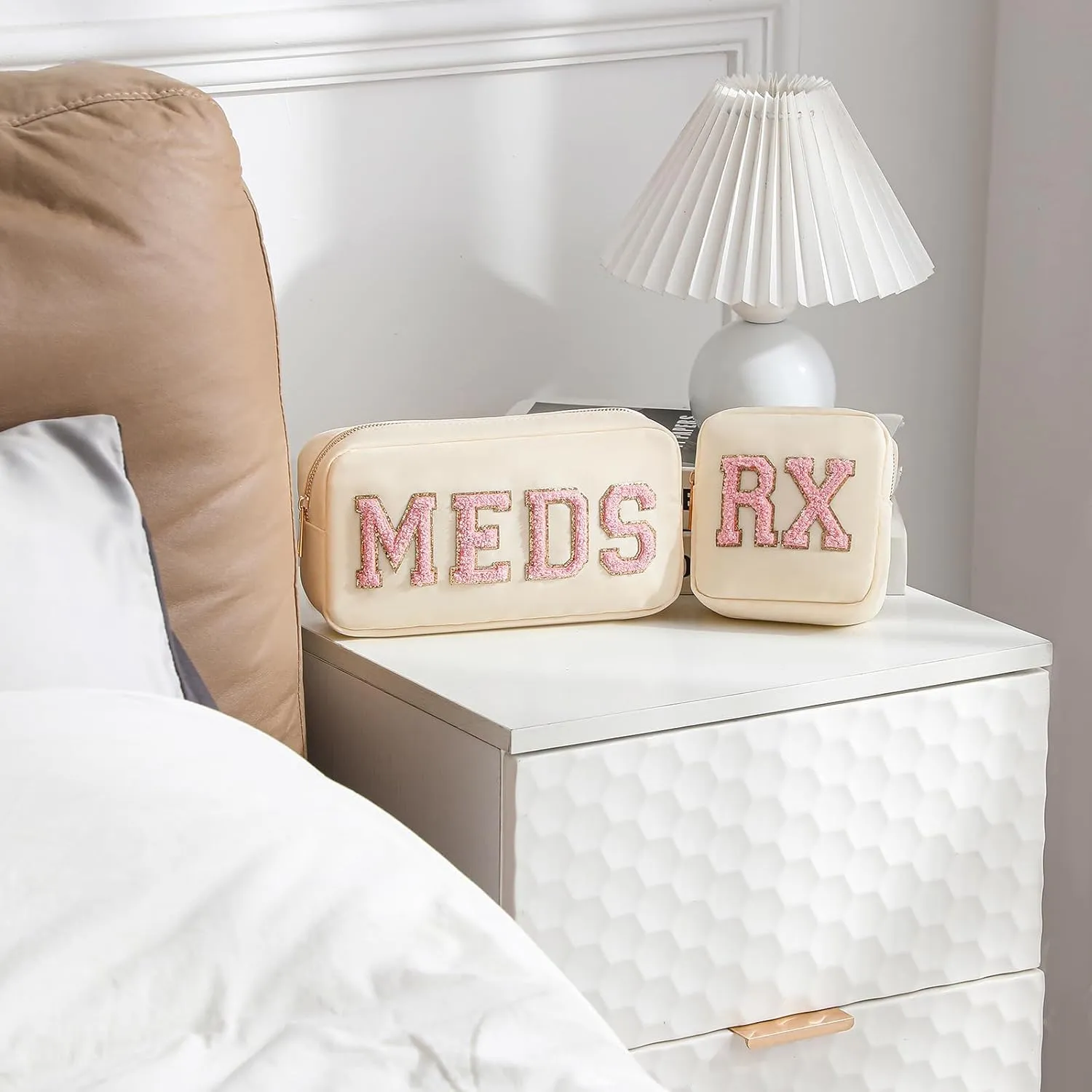 2Pcs Chenille Letter Patch Nylon Medicine Makeup Bag Set,Cute MEDS Travel Makeup Bag with Metal Zipper, First Aid Purse Organizer Cosmetic Bag for Women and Girls(Beige MEDS-RX)