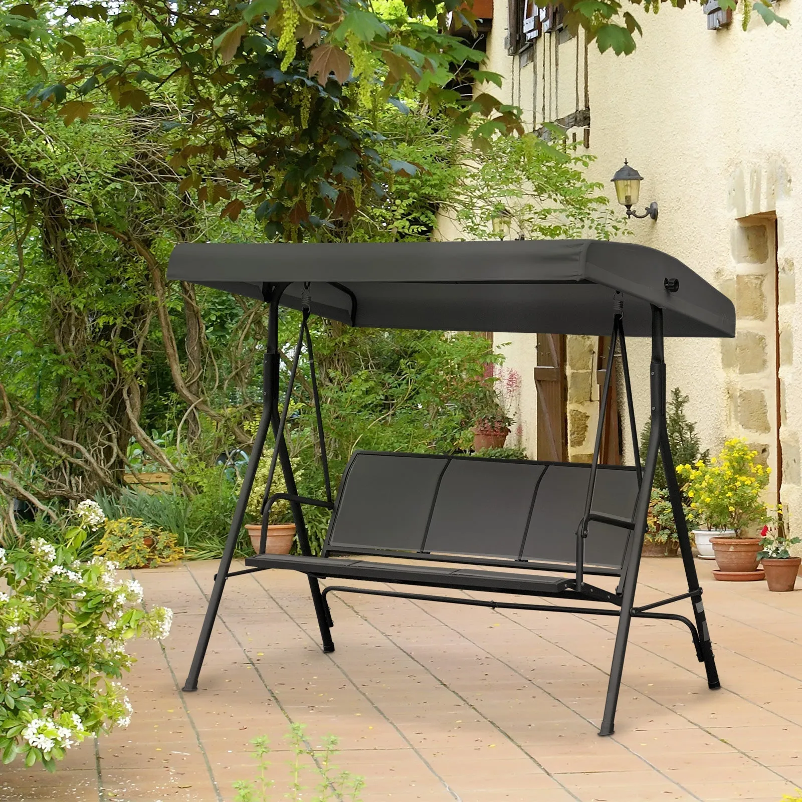 3 Seater Swing Chair, Garden Swing Bench with Canopy, Breathable Mesh Seat and Heavy Duty Steel Frame for Patio, Yard, Black