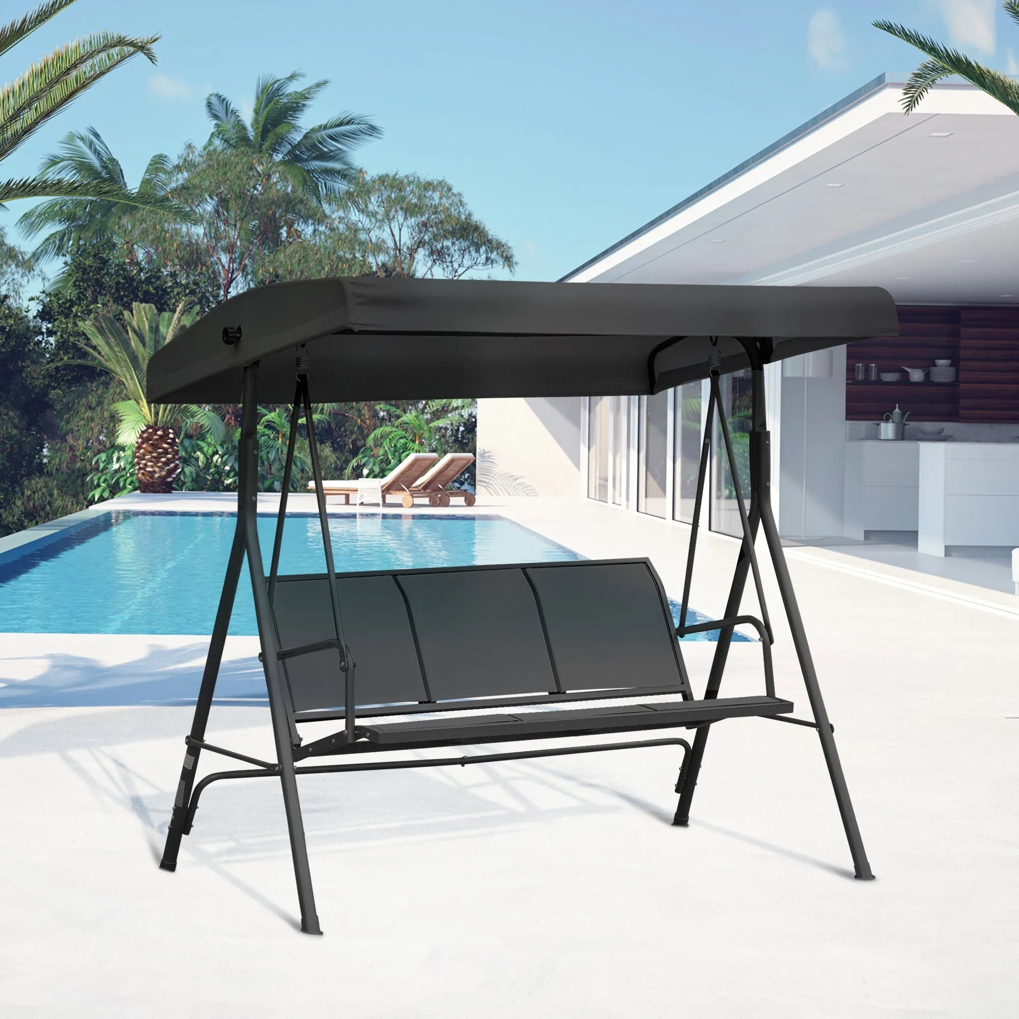 3 Seater Swing Chair, Garden Swing Bench with Canopy, Breathable Mesh Seat and Heavy Duty Steel Frame for Patio, Yard, Black