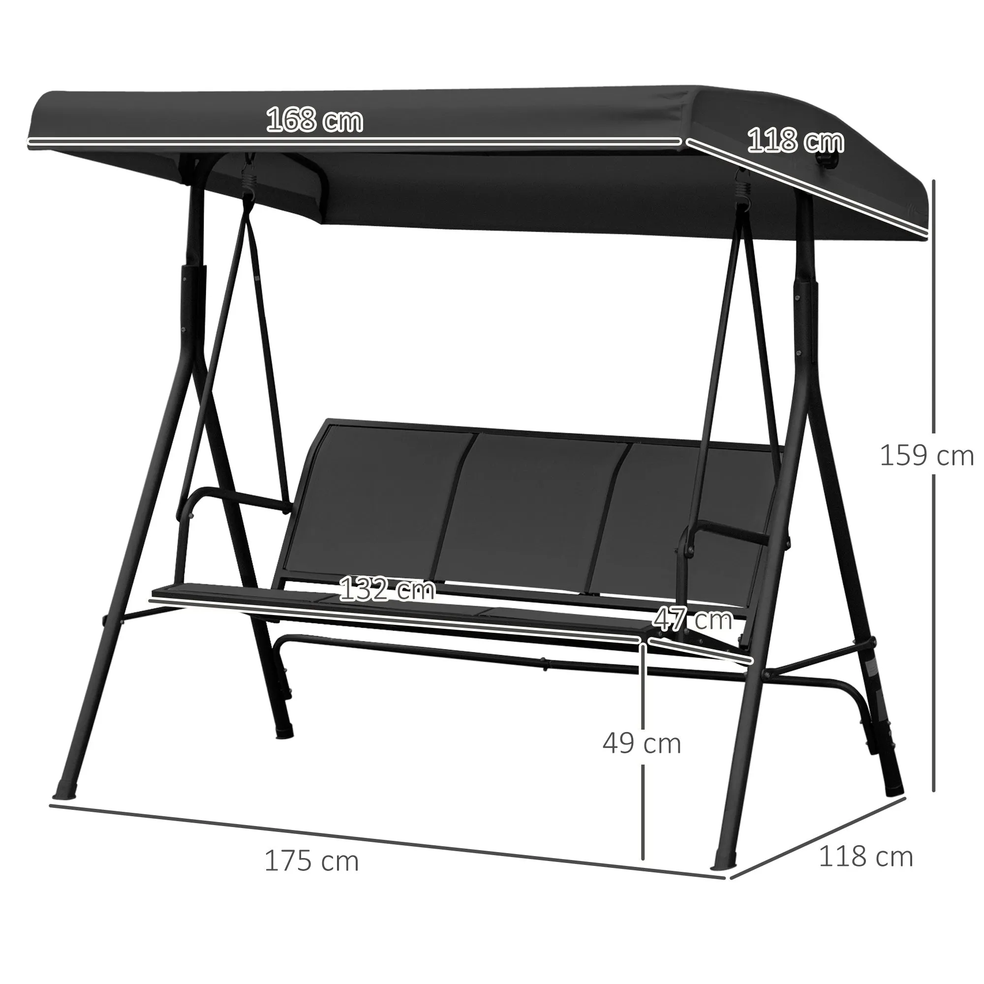 3 Seater Swing Chair, Garden Swing Bench with Canopy, Breathable Mesh Seat and Heavy Duty Steel Frame for Patio, Yard, Black
