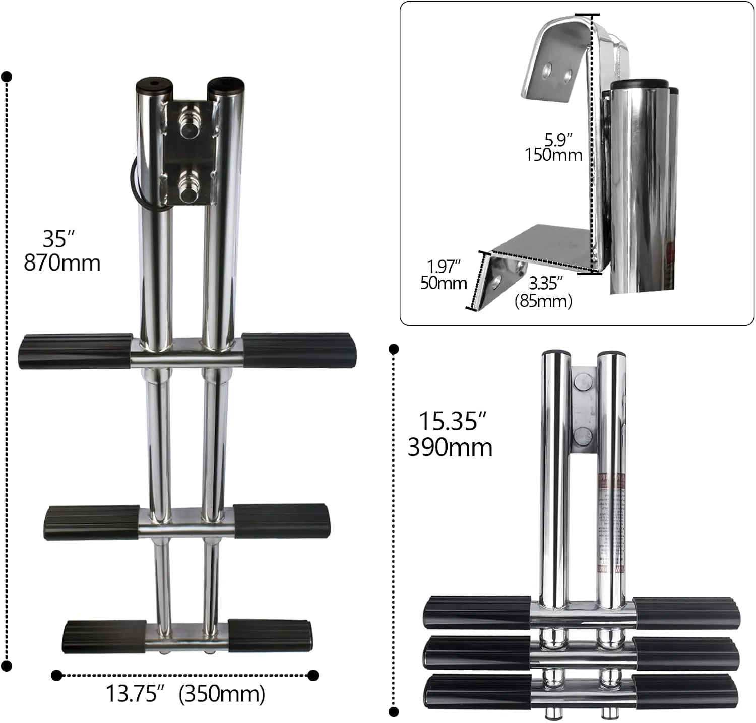 3 Step Boat Ladder, Stainless Steel Dive Boarding Ladders for Bass Fishing Boats, Heavy-Duty with Non-Slip Treads