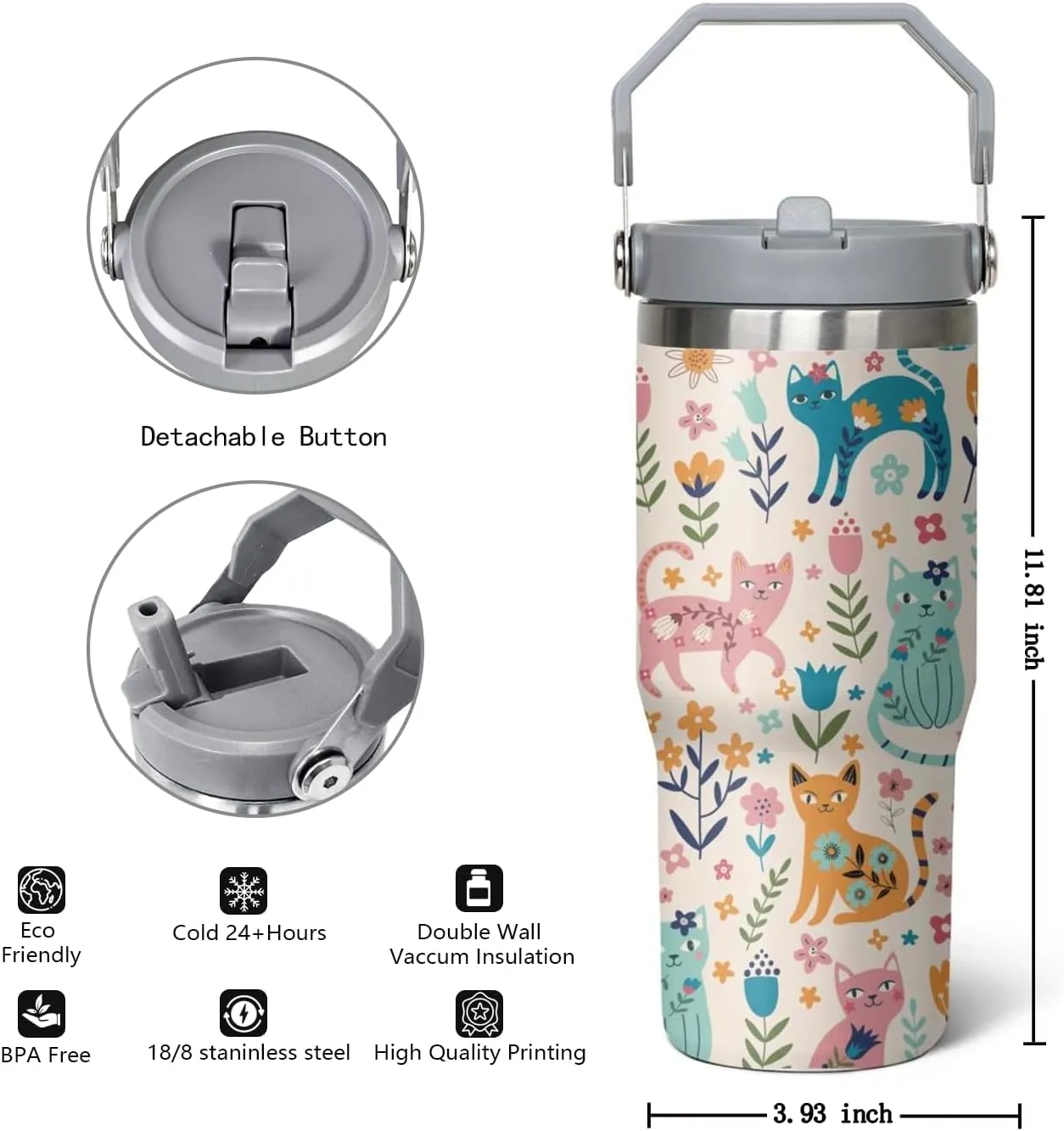 30 Oz Cat Flip StrawTumbler Lid and Straw,Funny Cat leakproof Insulated Stainless Steel Travel Coffee Cup Mugs Water Bottle,Cat Gifts for Cat Lovers