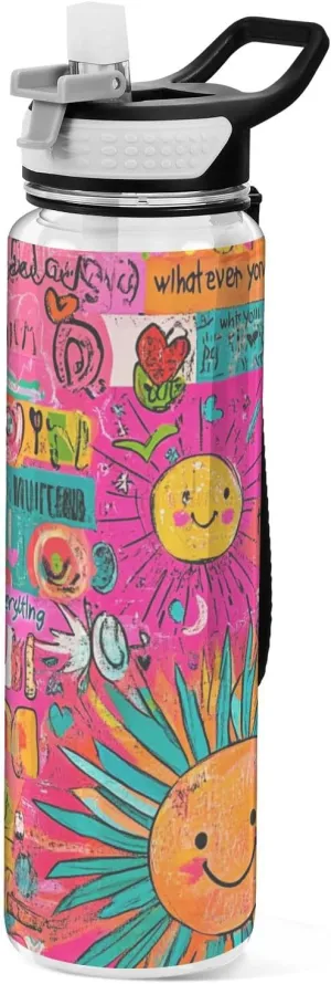 30 oz sun colorful art words cute Sport Water Bottle Tritan BPA Free Leak Proof non toxic Water Jug for Yoga Camping Collapsible