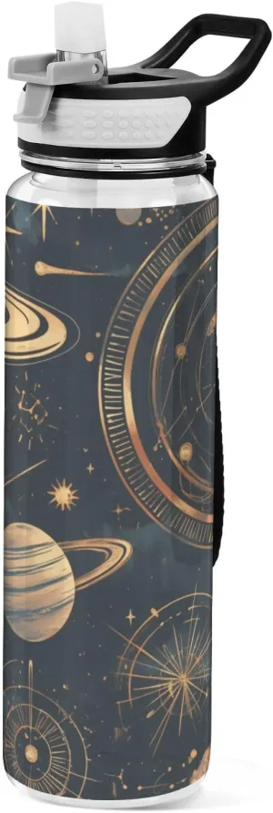 30 oz unique planet stars black and gold simple line Silicone Spout Water Bottle Tritan BPA Free Lead non toxic Water Bottle Jug for Car Cup Travelling Collapsible
