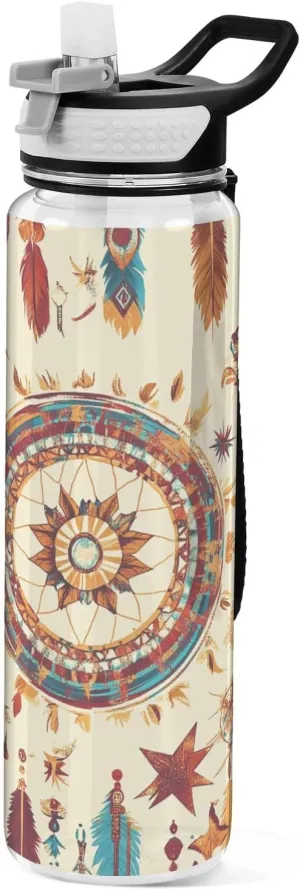 30 oz Western cowboy Dream Catcher Slim Water Bottle with Straw Tritan BPA Free non toxic Water Jug with Spout for Yoga Working Collapsible