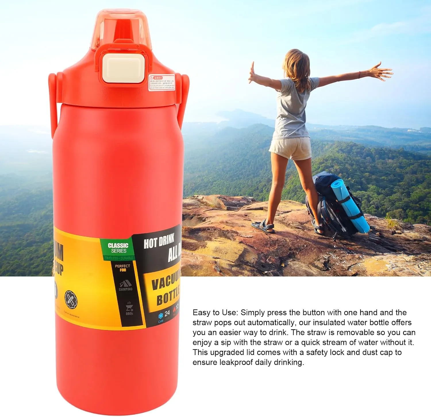 304 Stainless Steel Insulated Water Bottle 1.5L, 1500ml Straw Lid Handle Reusable Wide Mouth Vacuum Bottle for Gym Fitness (Red)