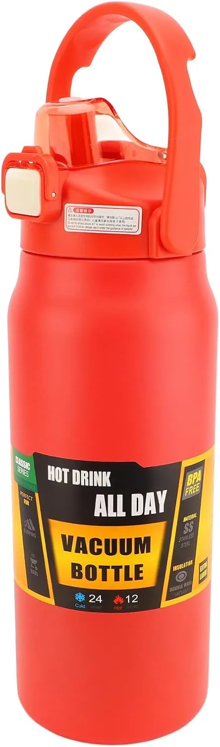 304 Stainless Steel Insulated Water Bottle 1.5L, 1500ml Straw Lid Handle Reusable Wide Mouth Vacuum Bottle for Gym Fitness (Red)