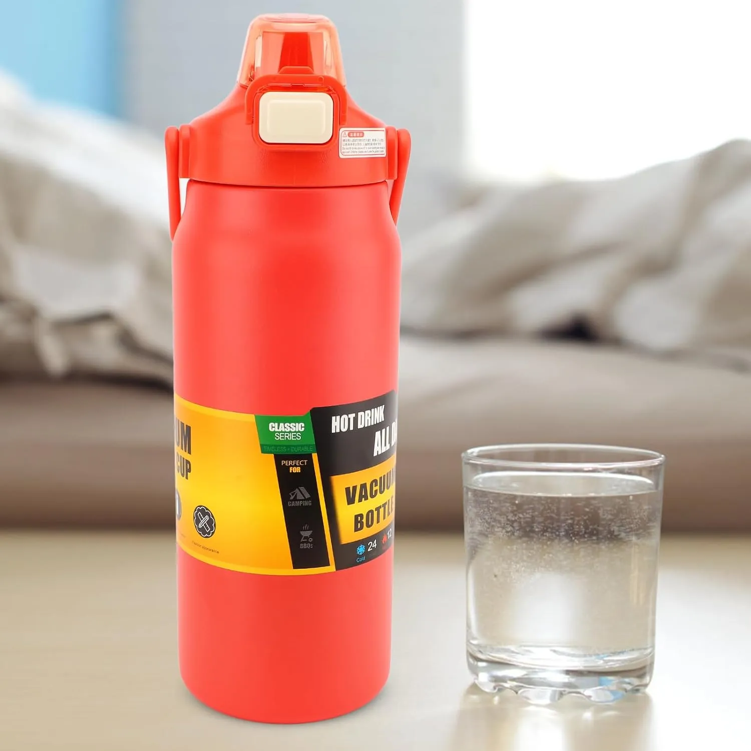 304 Stainless Steel Insulated Water Bottle 1.5L, 1500ml Straw Lid Handle Reusable Wide Mouth Vacuum Bottle for Gym Fitness (Red)