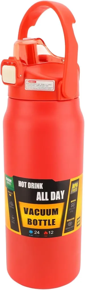 304 Stainless Steel Insulated Water Bottle 1.5L, 1500ml Straw Lid Handle Reusable Wide Mouth Vacuum Bottle for Gym Fitness (Red)