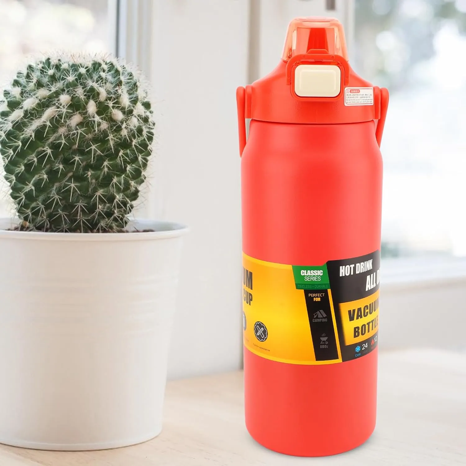304 Stainless Steel Insulated Water Bottle 1.5L, 1500ml Straw Lid Handle Reusable Wide Mouth Vacuum Bottle for Gym Fitness (Red)