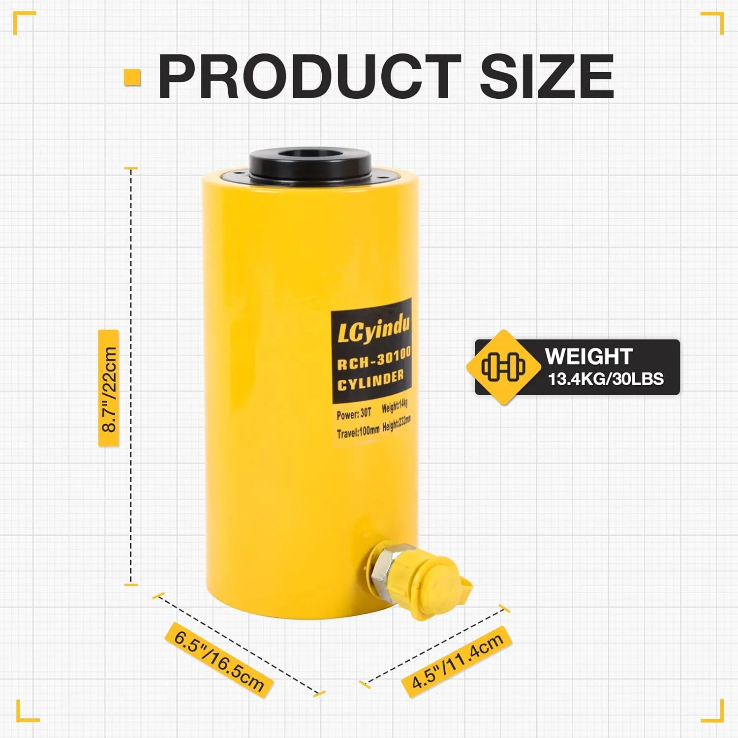 30T Hydraulic Cylinder Jack Ram 4" Stroke Hollow Single Acting Hydraulic Ram Cylinder Hydraulic Lifting Jack Portable for Machinery, Bridge, RCH-30100