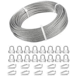 3/16 Wire Rope, 150ft 3/16 Stainless Steel Cable Wire, 7x19 Strand Aircraft Cable Wire Rope Kit, 3700lbs Breaking Strength with 3/16 Cable Clamps,Thimble for Deck Railing Shade Sails String Lights
