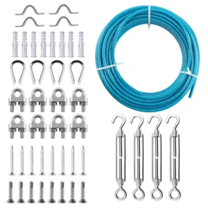 3/16" Sunshade Sail Hardware Kit, Turnbuckles for Cables Wires, PIUM PVC Coated Wire Rope Kits, 100Ft Stainless Steel Cable for Clothes Line Wires, String Light Hanging and Garden Plant Trellis