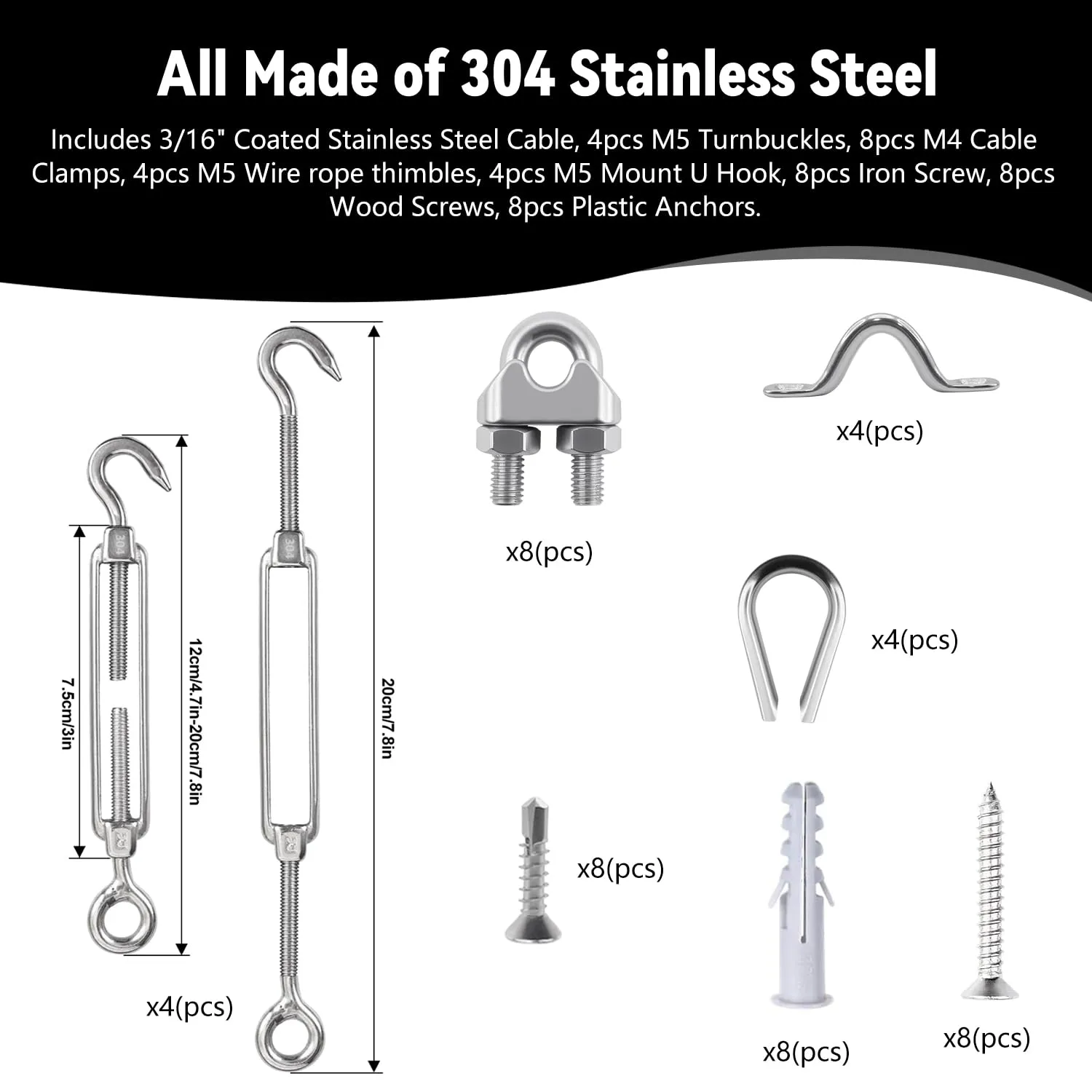 3/16" Sunshade Sail Hardware Kit, Turnbuckles for Cables Wires, PIUM PVC Coated Wire Rope Kits, 100Ft Stainless Steel Cable for Clothes Line Wires, String Light Hanging and Garden Plant Trellis