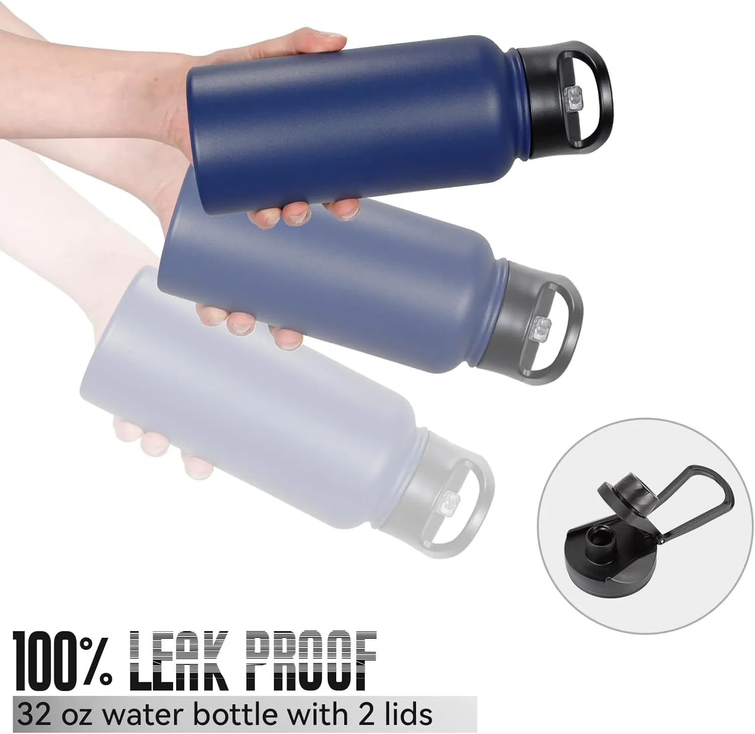32 oz Insulated Water Bottle Bulk 8 Pack, Stainless Steel Sports Water Bottles with Straw Lid & Wide Mouth Lids, Double Walled Vacuum, Leak Proof, Blue