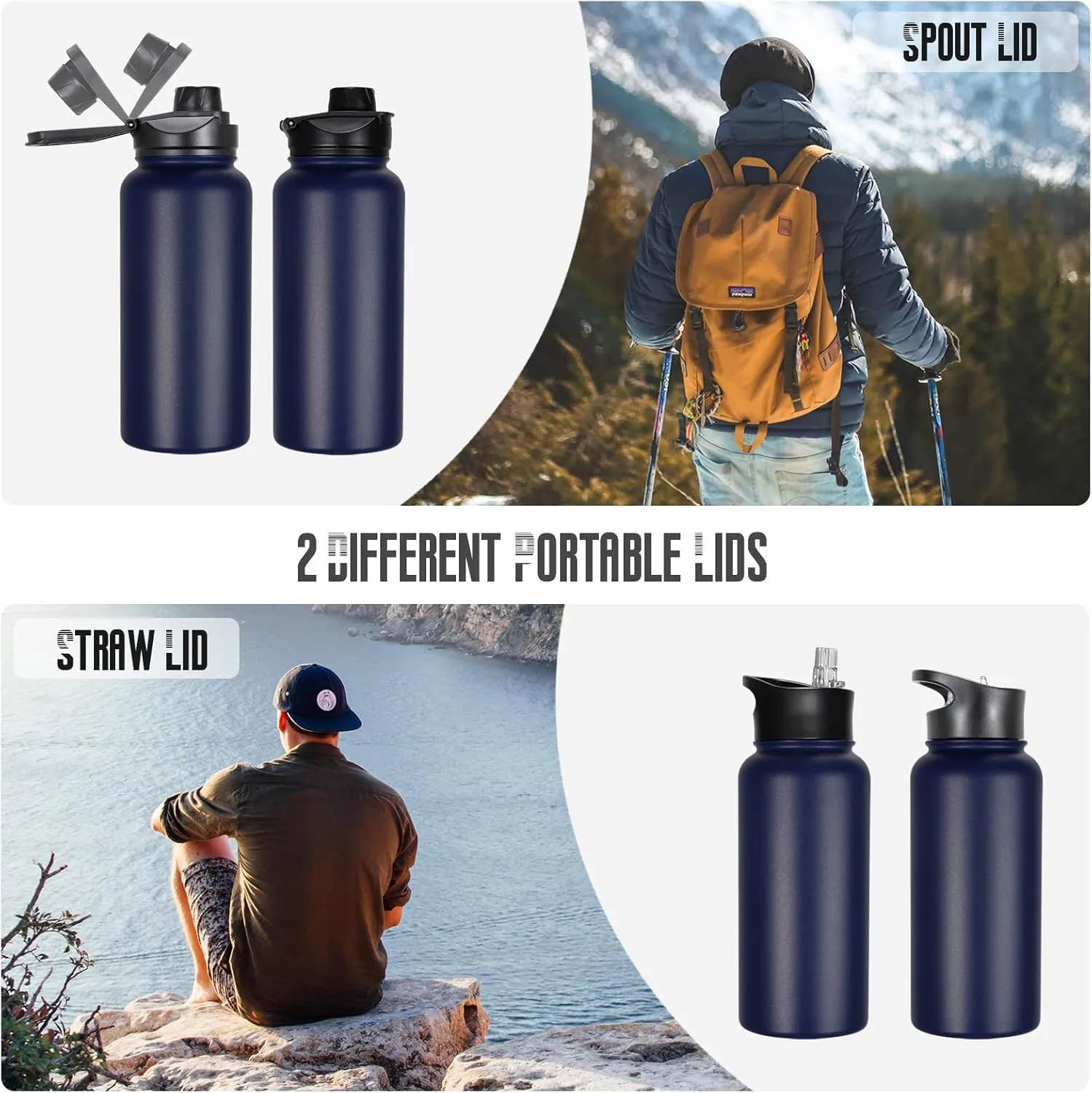 32 oz Insulated Water Bottle Bulk 8 Pack, Stainless Steel Sports Water Bottles with Straw Lid & Wide Mouth Lids, Double Walled Vacuum, Leak Proof, Blue