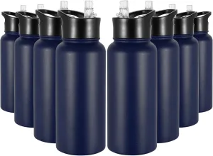32 oz Insulated Water Bottle Bulk 8 Pack, Stainless Steel Sports Water Bottles with Straw Lid & Wide Mouth Lids, Double Walled Vacuum, Leak Proof, Blue