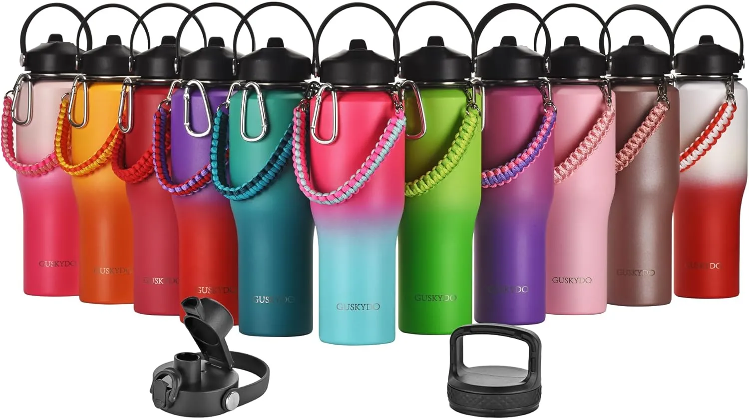 32 oz Insulated Water Bottle with Paracord Handles &Strap, Double Wall Metal Stainless Steel Tumbler Travel Flask with Straw Lid and Spout Lid, Fits in Any Car Cup Holders Keep Cold Hot 24 Hrs